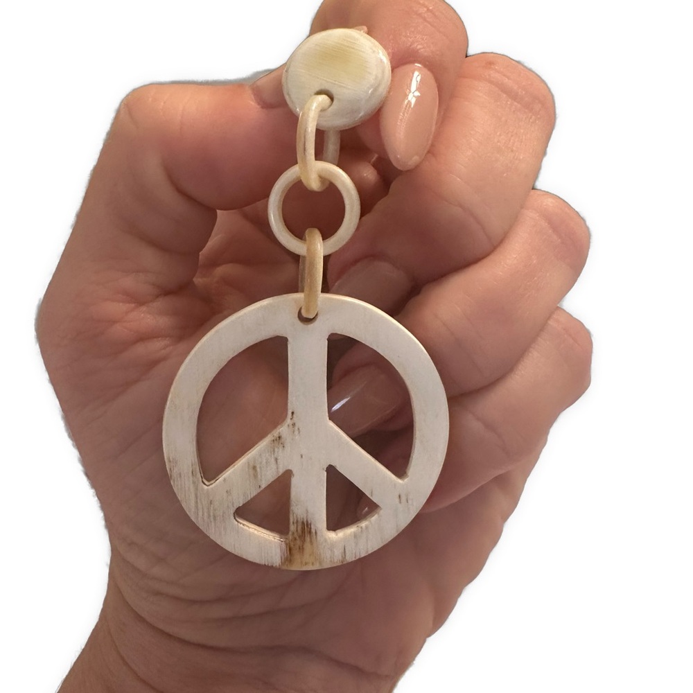 Peace Sign Cream Bone Pendant Earrings
